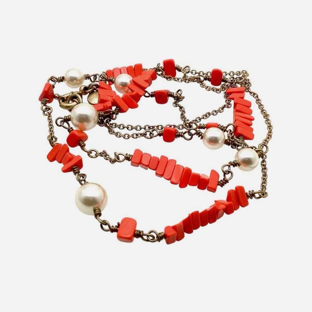 J. Crew Chic Coral and Pearl 36” Gold Necklace